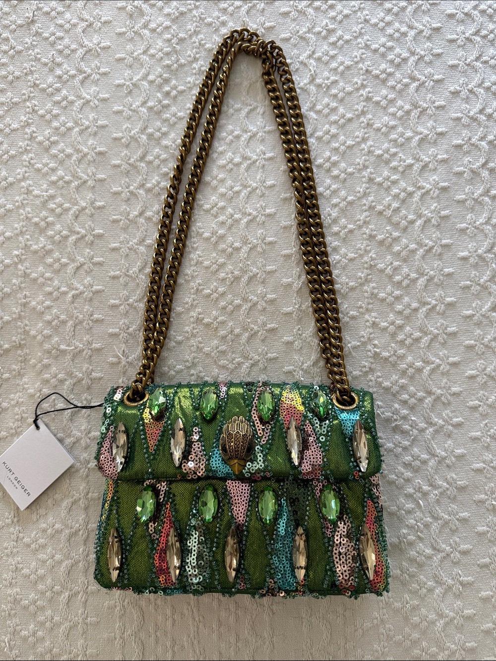 Kurt Geiger Green Sequin & Crystal NWT Embellished Shoulder Bag “The Kensington”